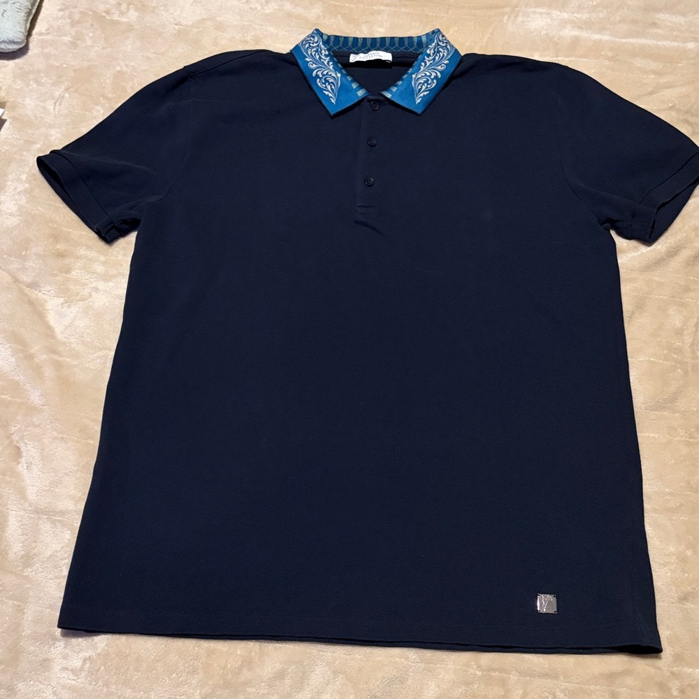 Versace Navy Polo with Blue Patterned Collar
